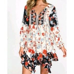 Patrons Of Peace Floral Boho Peasant Mini Dress Sz S Casual Chic Ruffle‎ Flowy